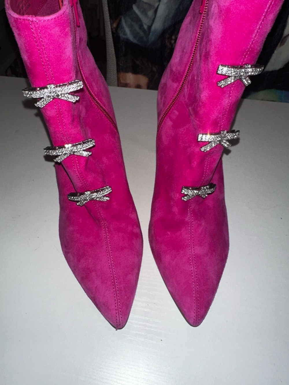 Gianni Bini Hot Pink Suede Pointed-Toe Ankle Boots with Crystal Bow Accents